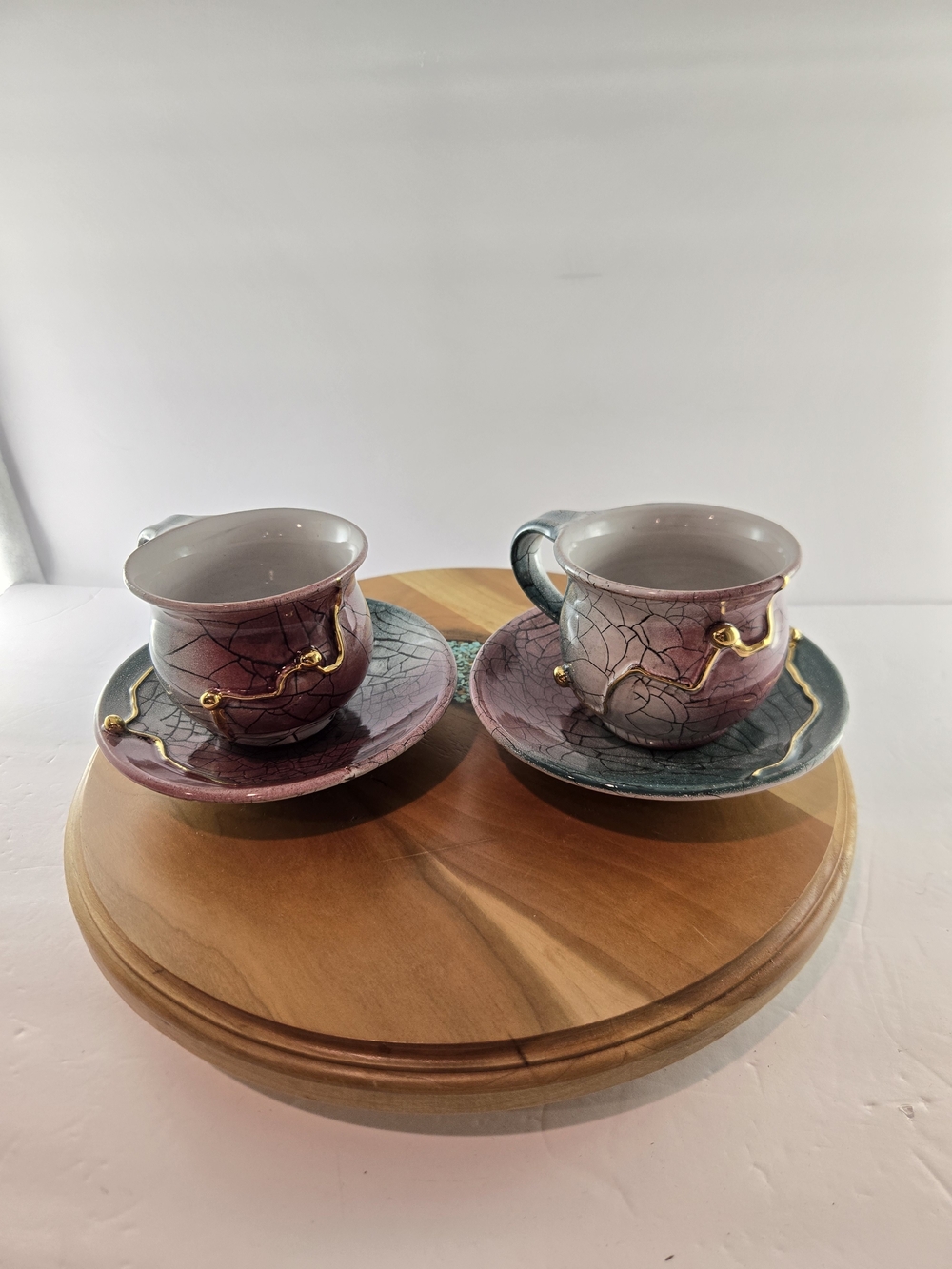 Wabi Sabi Kintsugi Pottery Tea Cup Saucer Set Purple Teal Handmade Gold Crackle